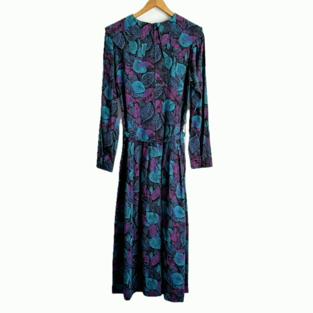 Vintage Lanz Originals Womens Midi Dress Medium Leaf Print 80s Cottagecore Retro